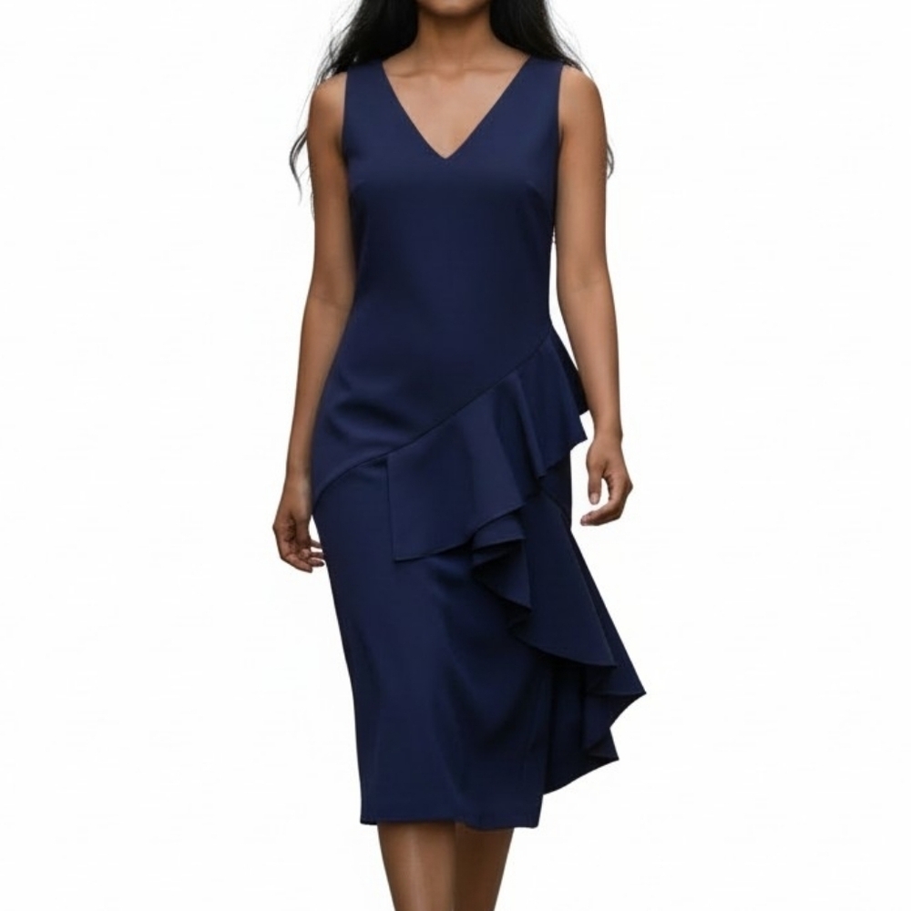Eliza J Sheath Dress Size 16 Navy Cascading Asymmetric Ruffles Sleeveless V Neck
